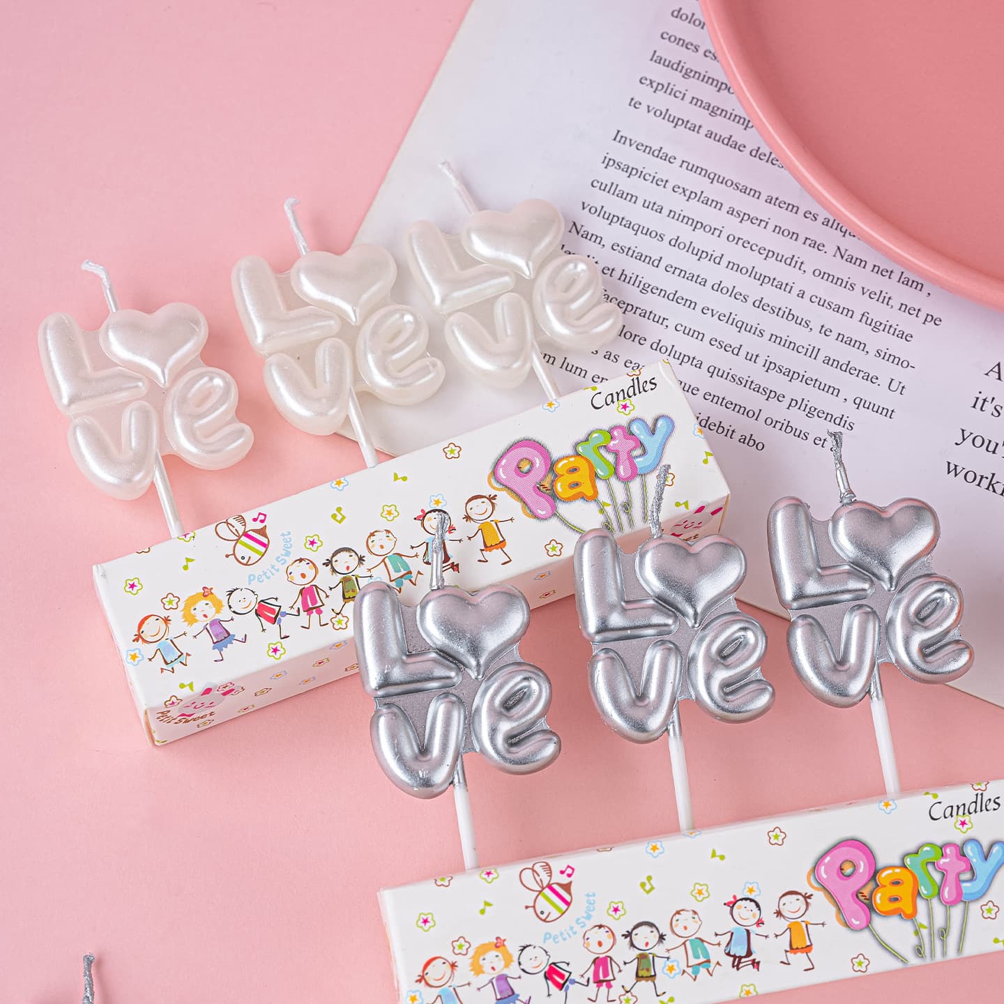 Trendy Korean-style Silver Pearlescent Love Heart Candle Cake Decoration for Valentine's Day Couples Anniversary Party Decor Insert