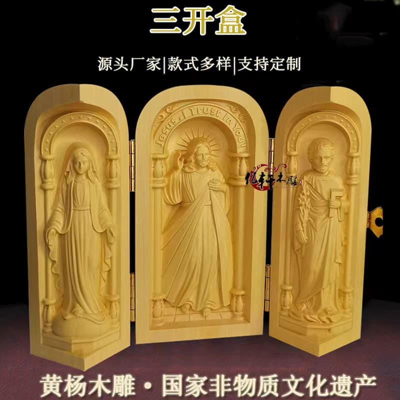European beech church Catholic ornaments three-open box boxwood carved YS crafts ornaments