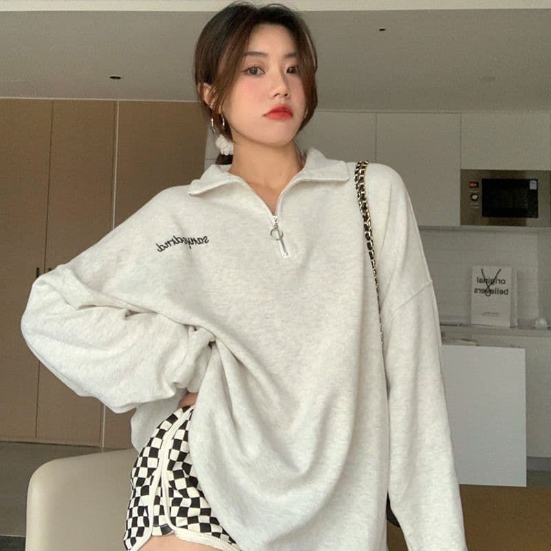 2025 Autumn/Winter Letter Embroidery BF Style Oversize Loose Mid-Length Stand Collar Thin Sweatshirt Women's Zipper Pullover Jacket