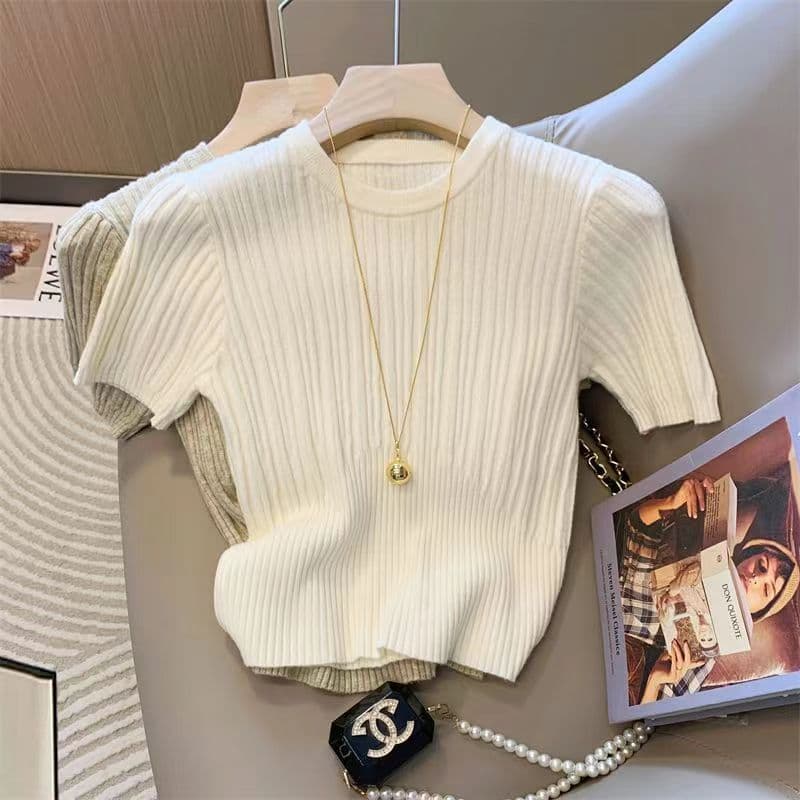 Round neck pullover short-sleeved sweater summer Korean style versatile simple small slim fit short inner top