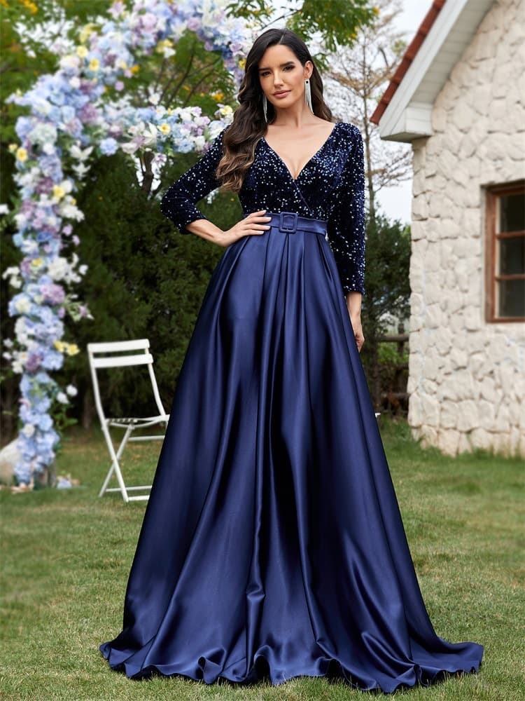Cross-border new evening dress V-neck sequined velvet long-sleeved elegant banquet host wedding dress long sleeves