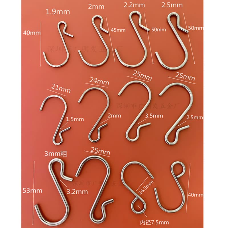 Ready supply of S hooks (for supermarket plastic hanging strips) surface shiny hooks 1.9mm iron hooks 2mm