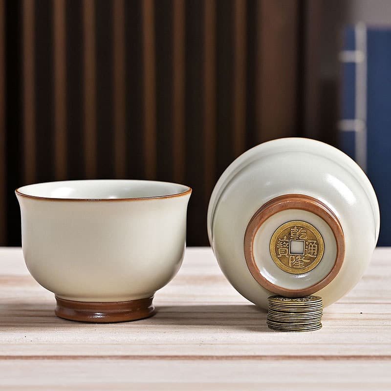 Ru Kiln Copper Coin Master Cup Single Cup with Crackle Glaze, Ceramic Small Tea Cup, Large Tea Bowl, Arhat Cup, Tea Cup