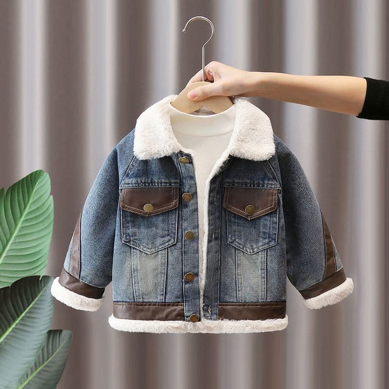 Trendy Boys and Girls Denim Jacket Winter Kids Fleece Lined Cotton Coat Warm Winter Outerwear for Children