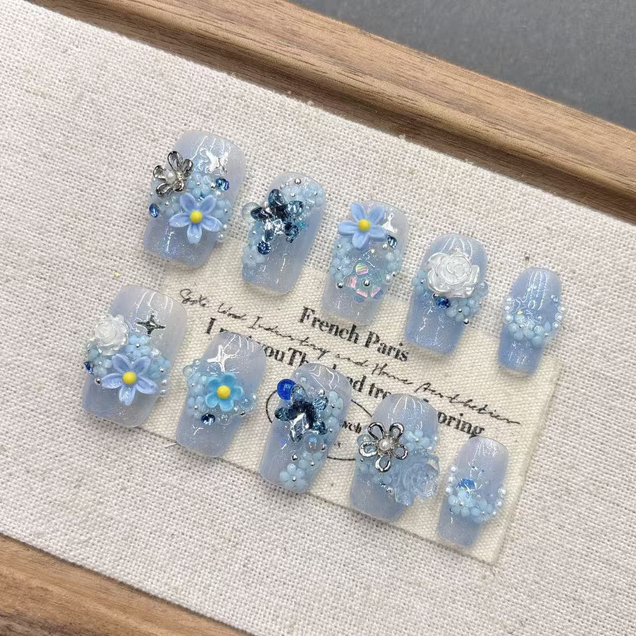 Blue daily one-piece drop-shipping short almond handmade manicure boutique high-end wholesale handmade wearable manicure