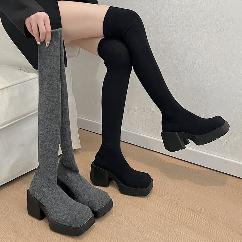 Internet Famous Knitted Over-The-Knee Boots Women 2024 Spring/Autumn High Heel Elastic Sock Boots Women Chunky Heel Long Slimming Boots