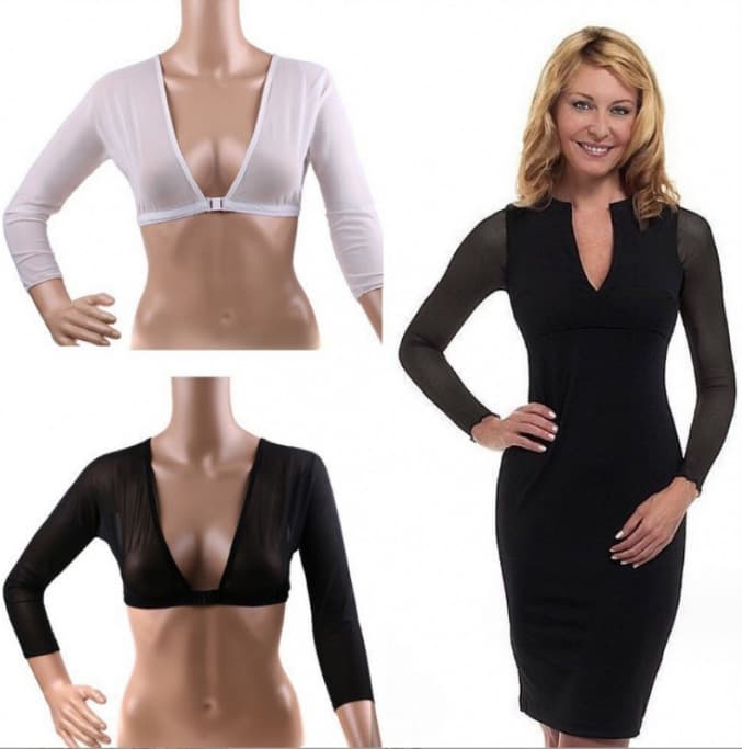Amazing Arms Mesh Bust Support Top Front Button Crop Top Long Sleeve T-Shirt Base Layer Sleeve Black and White 2-in-1
