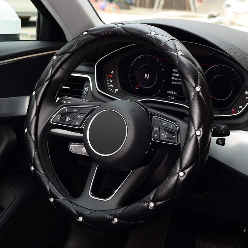 Car steering wheel cover with rhinestones, Korean ladies puff fashion cute universal cross-border e-commerce interior grip cover wholesale
