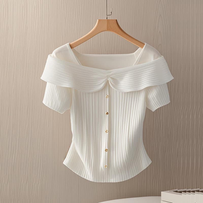 Summer Unique French Square Neck Short Sleeve Knit Top for Women, Designed with Sweet and Spicy Slim Fit Cropped Style