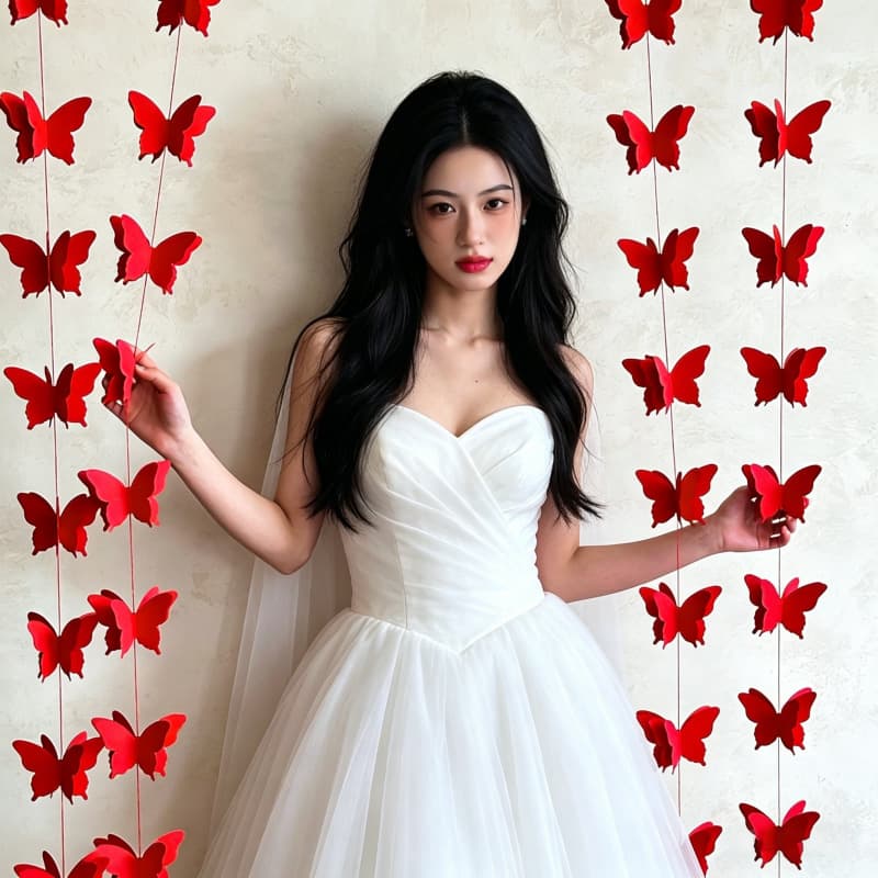 Wedding Room Decoration Set, Morning Robe Photo Area Decoration, Long Strip Double Happiness Characters, Bedroom Wedding Butterfly Garland