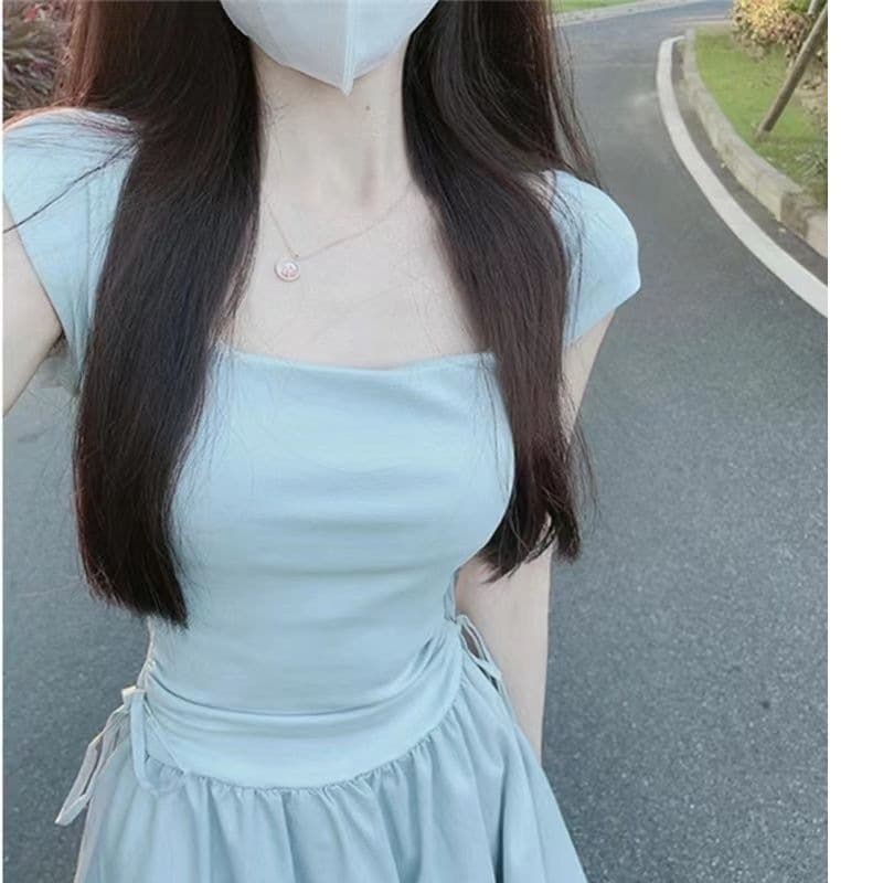 Blue Square Neck Strap Dress Women Summer 2026 New Patchwork Dress High Waist Slimming Long Dress