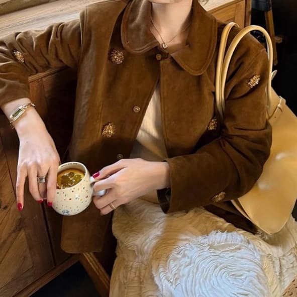 2025 Spring/Autumn New Faux Sheepskin Vintage Jacket with Beaded Suede Leather Coat, Short French Socialite Style for Women