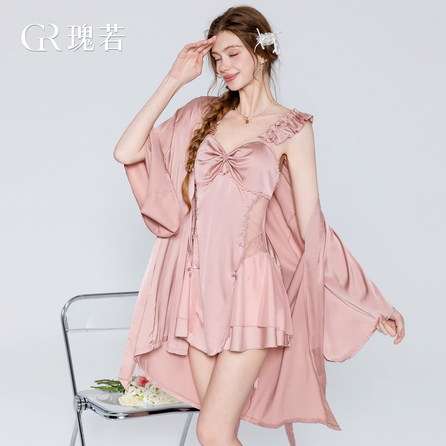 Magnificent and sexy backless satin patchwork see-through lace plus breast pads hollow nightgown and robe home wear set 3464