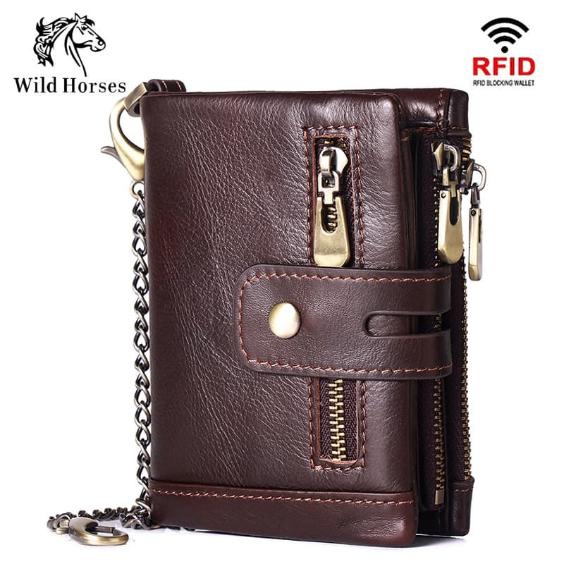Vertical RFID Anti-theft Wallet Top Layer Waxed Cowhide Multifunctional Double Zip Men's Leather Billfold