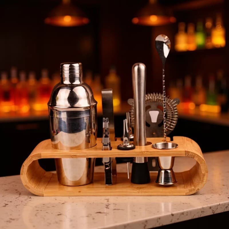 New stainless steel mixer set 10-piece rhombus bamboo frame cocktail shaker mixing cup bar tool