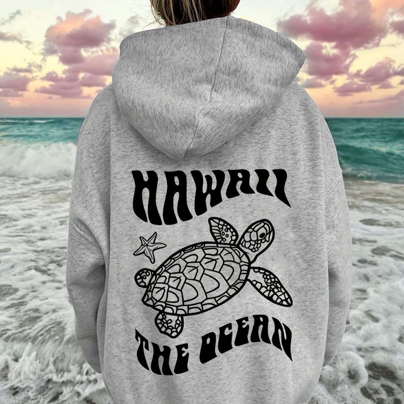 Cozy Fleece Hoodie with Turtle & Starfish Print 2025