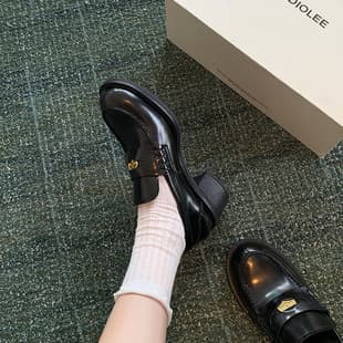 Genuine Leather Coin Thick Sole Loafers, Women's Spring Chunky Heel High Heel Slip-On Loafers for Petite