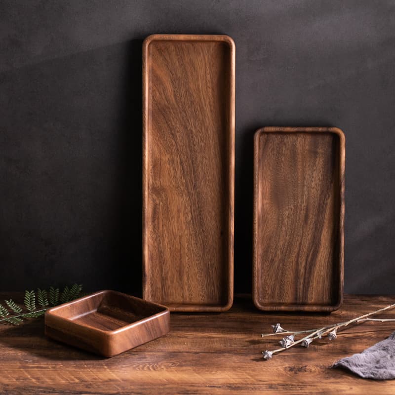 Long Rectangle Deep Wooden Plate Rectangular Breakfast Fruit Dish Restaurant Tray Stackable Western Dining Plate Luxury Vintage Style