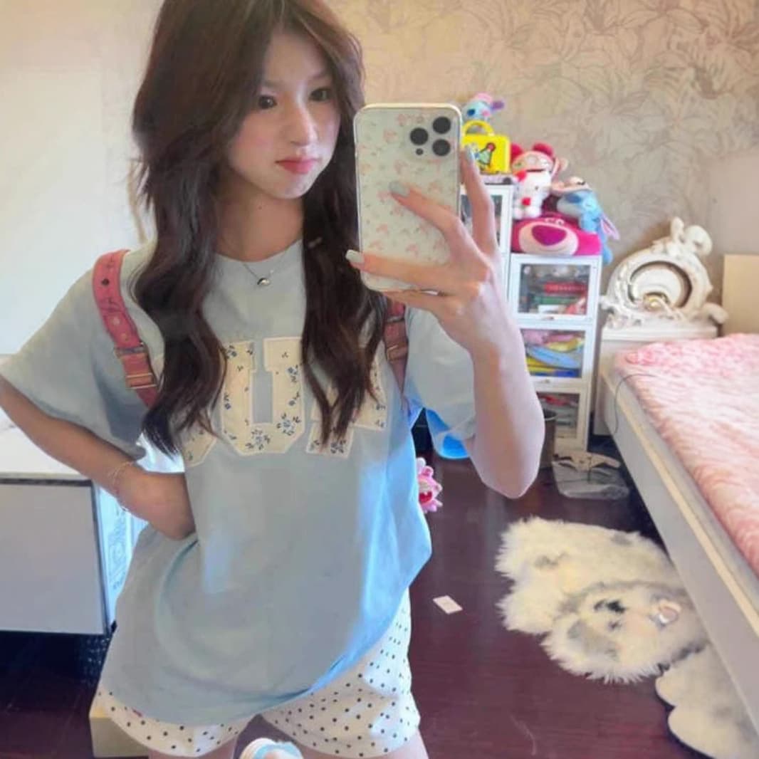 Plus Size Floral Print Milk Blue Short Sleeve T-Shirt for Women Summer Oversized Half Sleeve Top