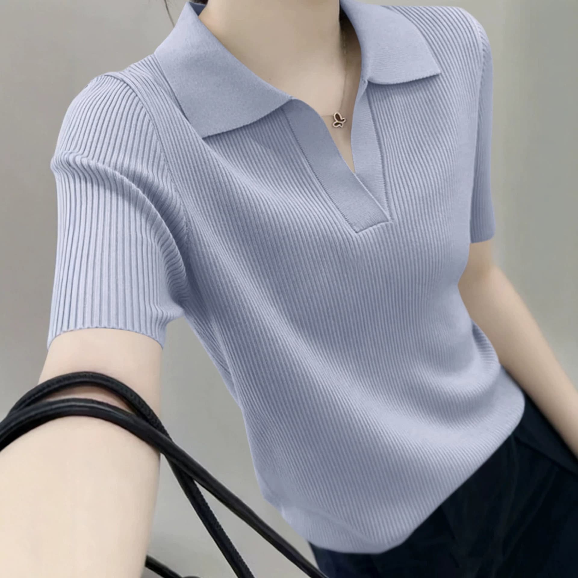 Selected Solid Color Short-Sleeve Knit Tops for Summer, Stylish Polo Collar, Korean Style, Slim Fit, Versatile French-Style Tops for Women