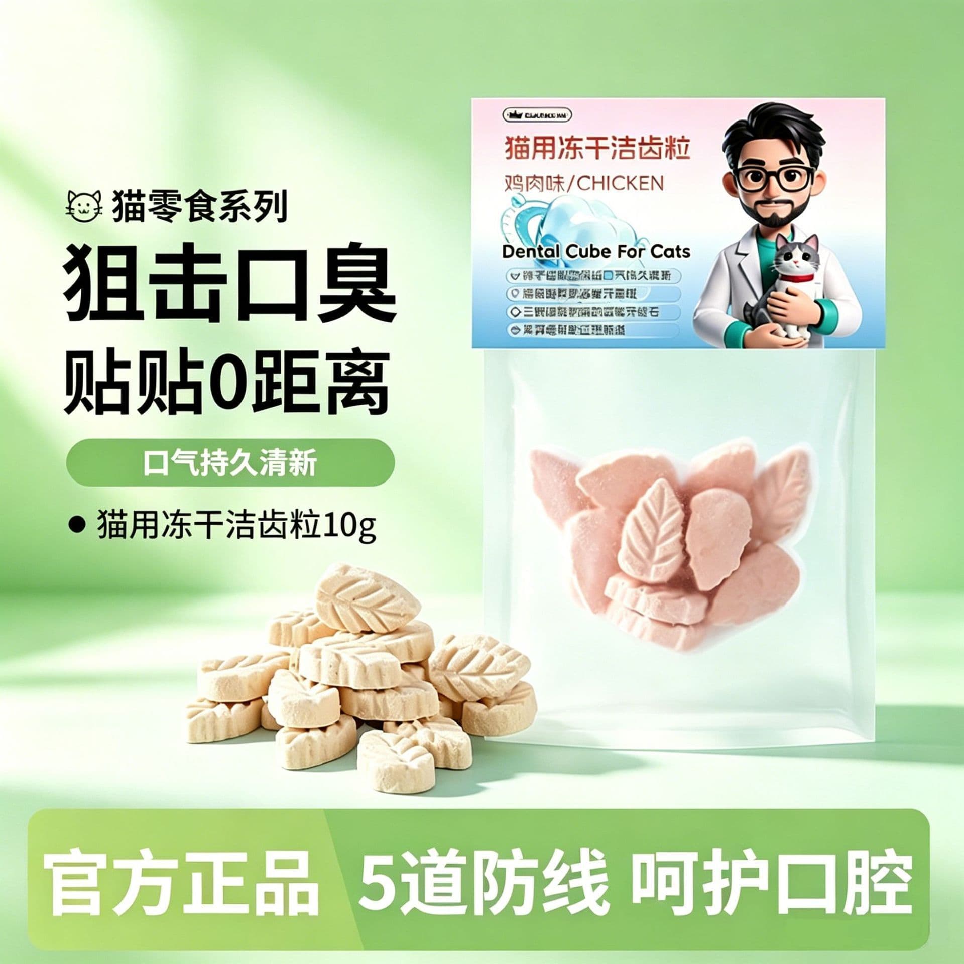 Freeze-Dried Dental Treats for Cats, Chicken Flavor, Teeth Cleaning Snack, Removes Bad Breath, Freshens Breath