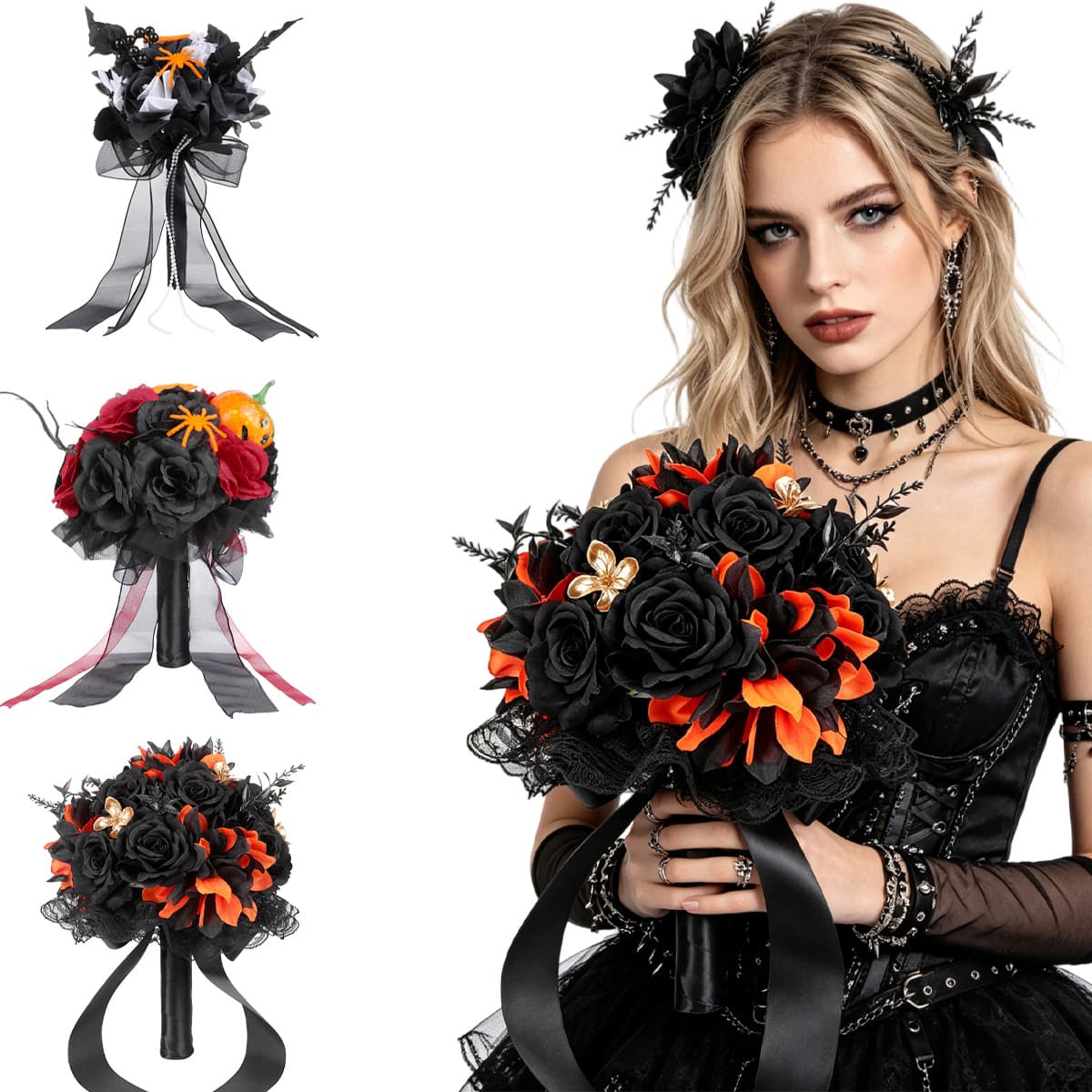 Gothic Style Faux Bouquet, Halloween Ghost Bride Dark Wedding Bouquet, All Saints' Party Creative Bouquet