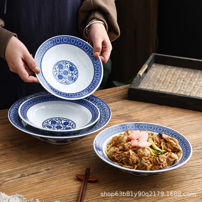 Blue and White Porcelain Commercial Ceramic Cold Noodle Bowl, Retro Noodle Bowl, Cold Dish Bowl, Chinese Large Cooking Bowl, Shallow Bowl