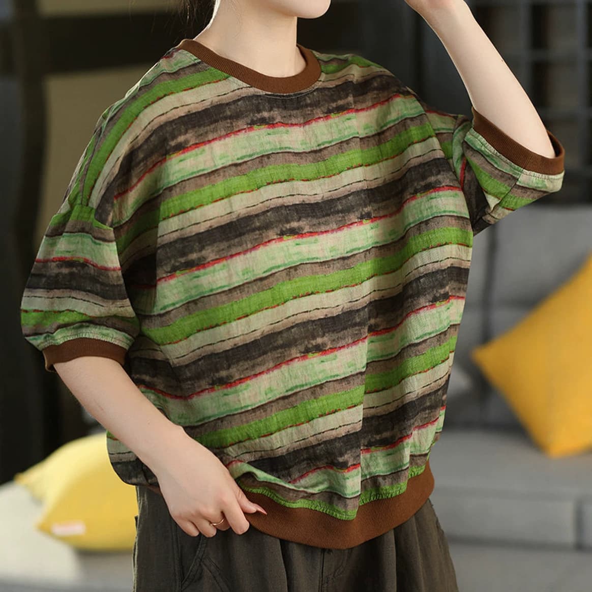 Summer Loose Large Size Tencel Linen Literary Retro Mid-Sleeve Threaded Round Neck Printed T-Shirt Casual Women's Top