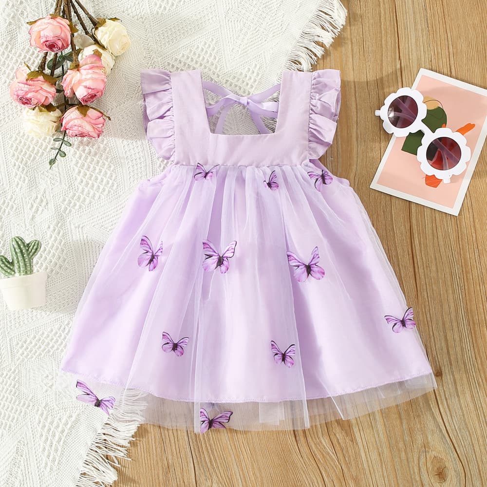 Princess Style Summer Dress for Baby Girls Butterfly Embroidery Mesh Strap Vest Skirt Two-Piece Set Polyester Cotton Lining