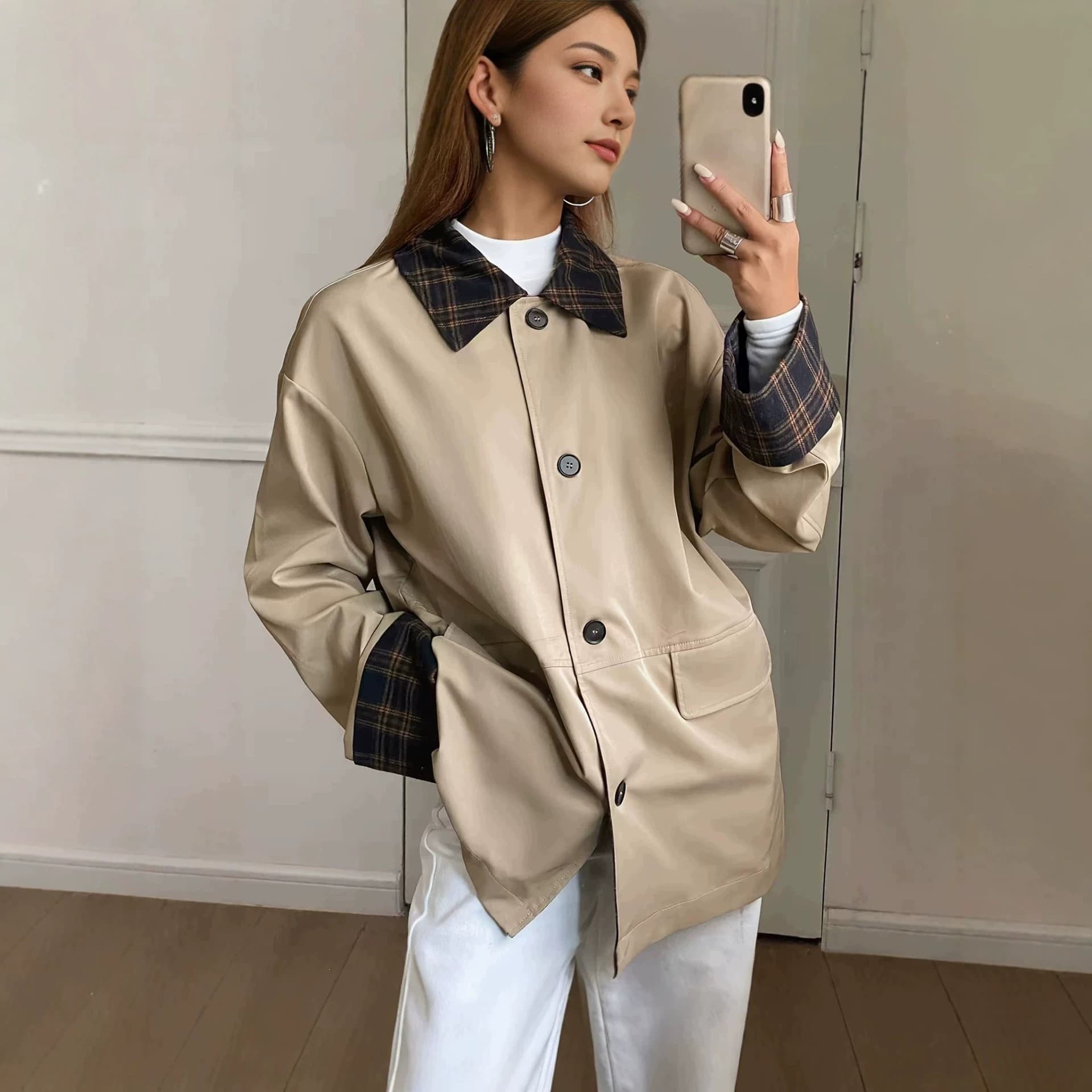 Cross-border American Retro New Women's Notch Lapel Coat Cross-border Fashion Contrast Color Jacket Versatile Coat