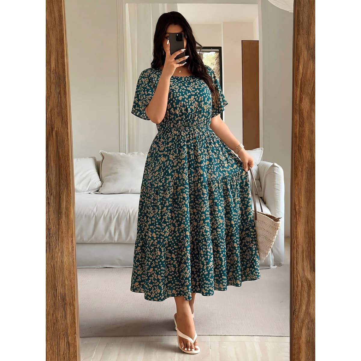 Plus Size Women's Summer Dress Round Neck Short Sleeve Floral Print Elastic Waist Non-Binding Versatile Style