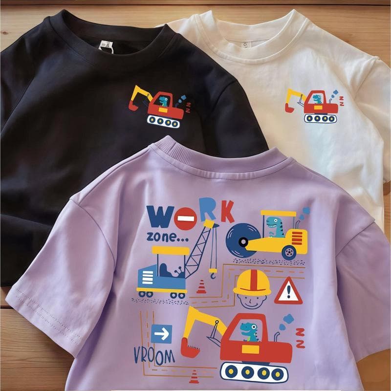 Summer Boys and Girls Cotton Short Sleeve T-Shirt, New Baby Toddler Kids Fashionable Cartoon Excavator Top