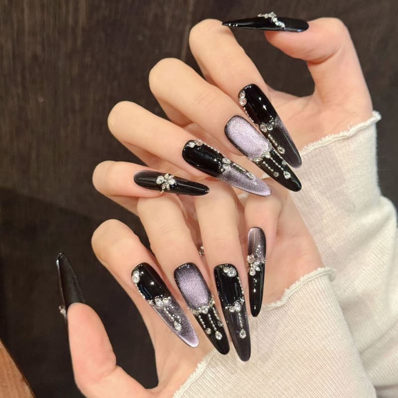 Ruikaman [Purple Dream] Handmade Wearable Nails Premium Light Luxury Style Flash Violet Cat Eye Zirconia Diamond
