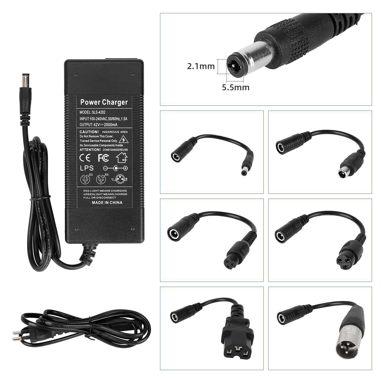 42V 2ADC2.1 head charger with six-adapter cable for electric bikes, scooters, aviation-grade adapters, and triangular connectors.