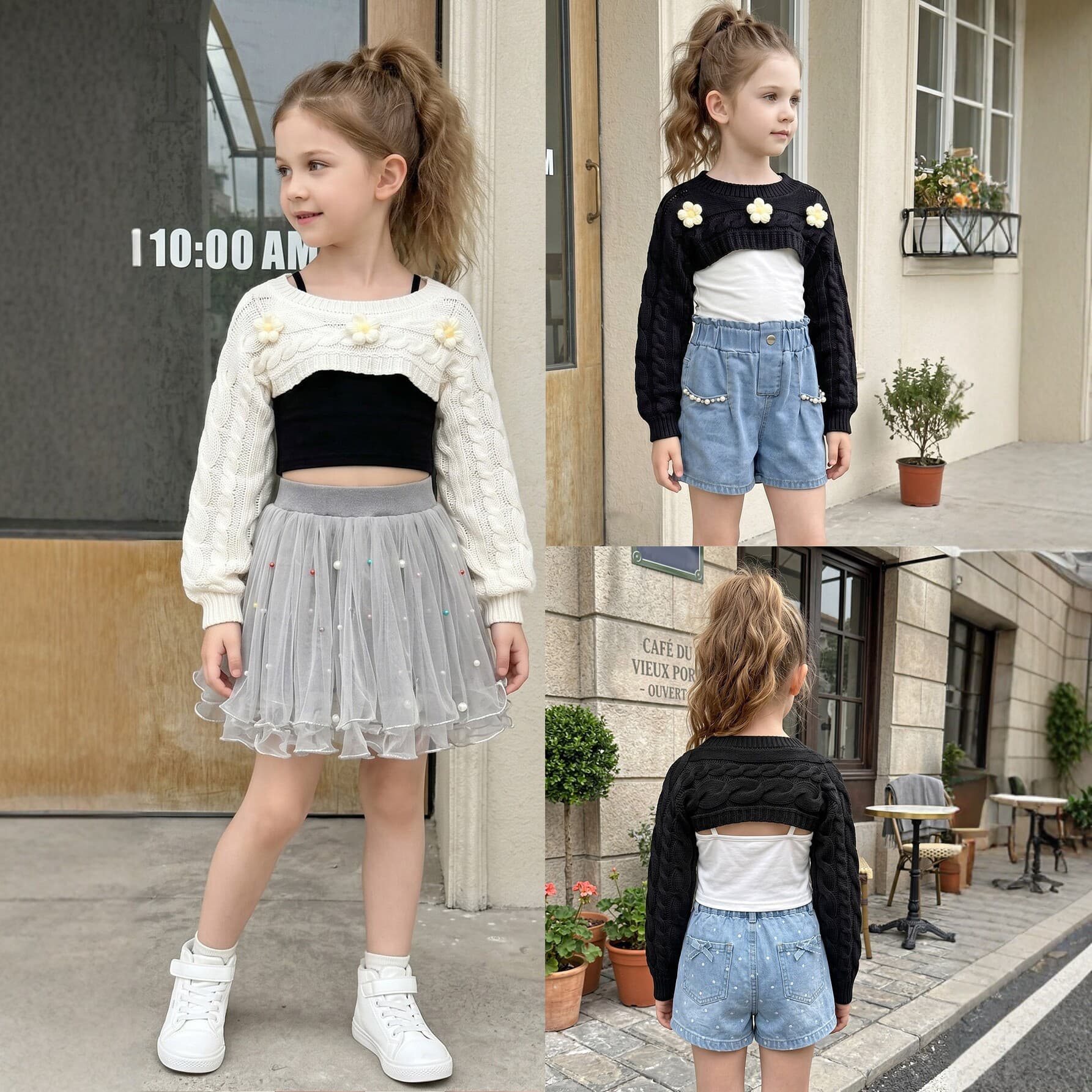 Short twist children's sweater three-dimensional flower decoration long-sleeved top spring and autumn new trendy children's blouse sweater for women