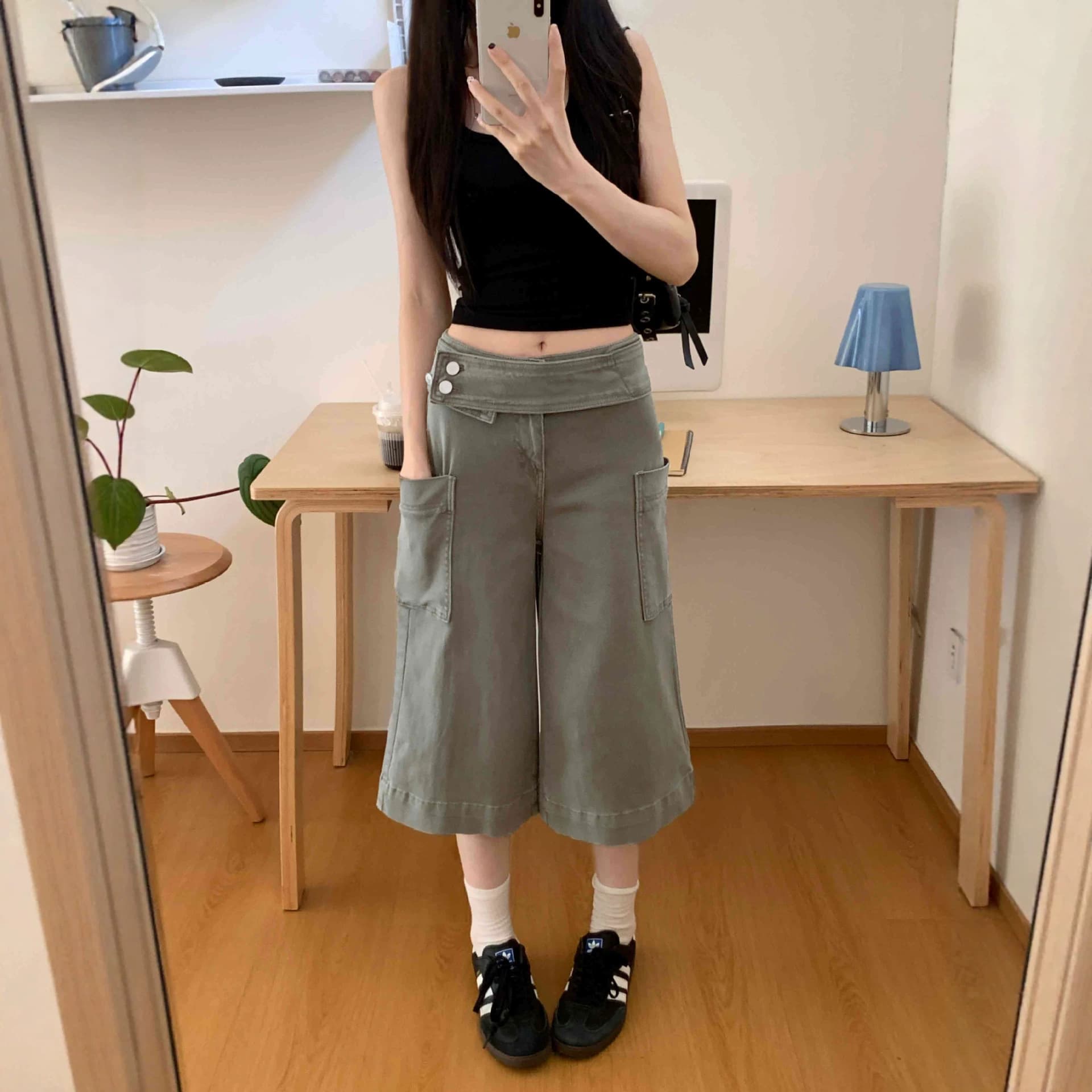 American Retro Hot Girl Fashion Big Pocket Distressed Washed Jeans Women's Summer Loose Slim Personalized Cropped Pants