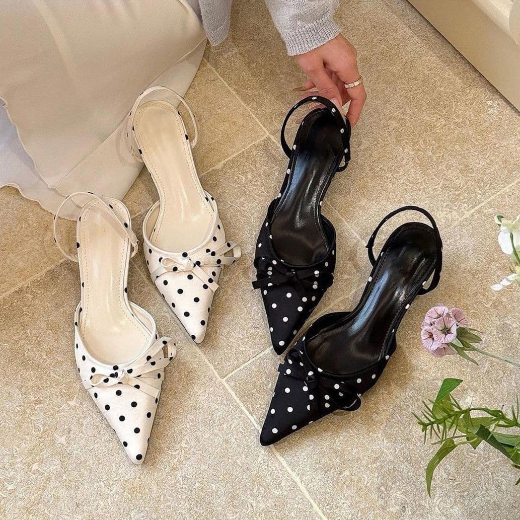 French Thin Heel Bow Backless Toe-Cover Sandals 2026 Spring New Sweet Style Polka Dot Pointed Toe High Heels for Women