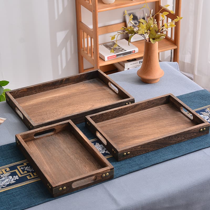 Wooden Rectangular Burnt Paulownia Tea Tray, Solid Wood Home Tableware, Japanese-Style Cup Wooden Plate, Tea Set Wholesale