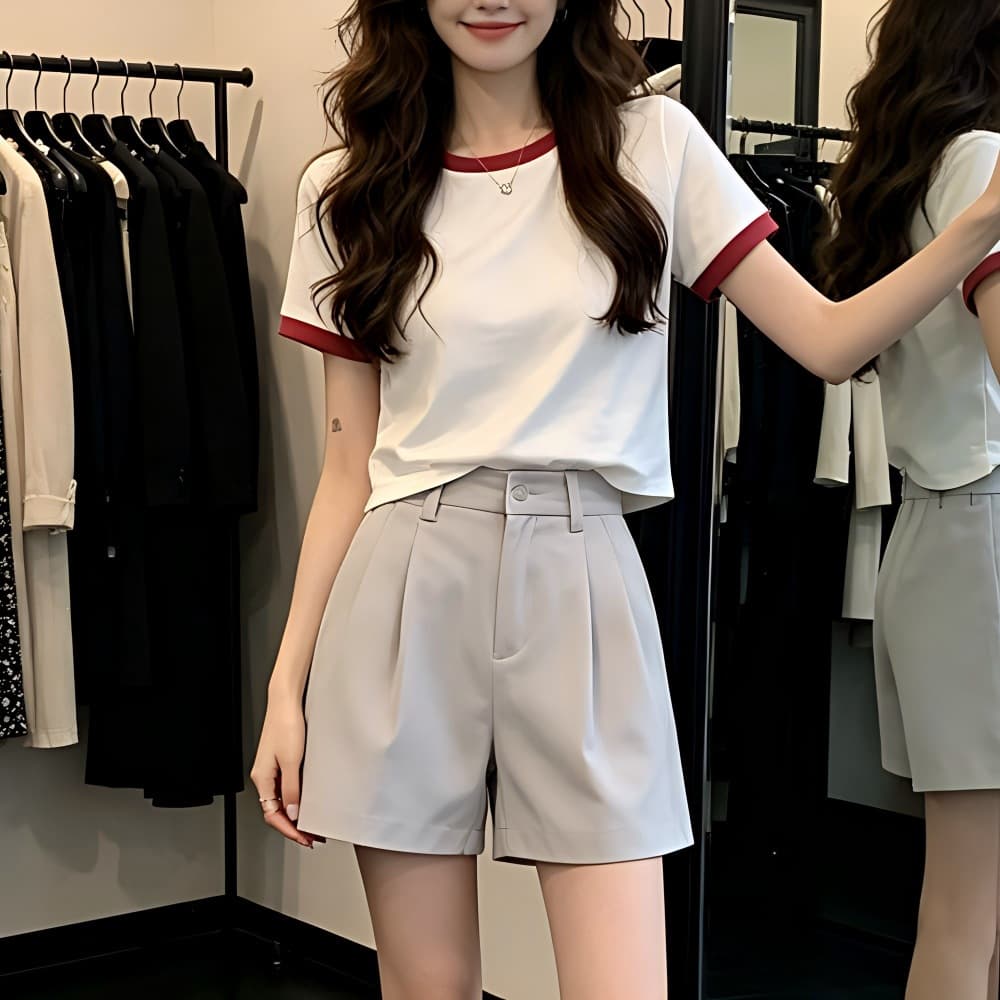 Stylish Short-Sleeve T-Shirt for Women Summer New Korean Trendy Contrast Color Fitted Crop Top