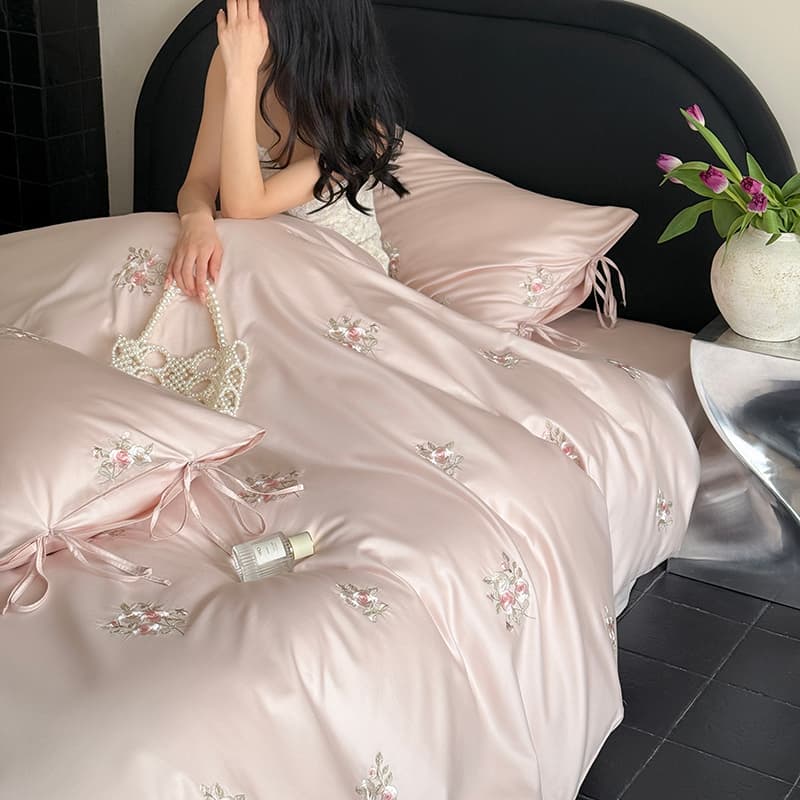 100 High-Count Long-Staple Cotton Pink Princess Style Pure Cotton 4-Piece Set, All-Cotton Embroidery, Luxury Premium Fitted Sheet