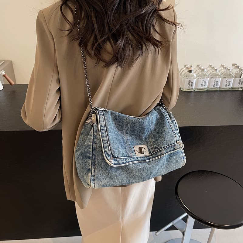 Vintage Casual Denim Bag for Women, New Style Chain Shoulder Bag, Large Capacity Commuter Tote Bag, Crossbody
