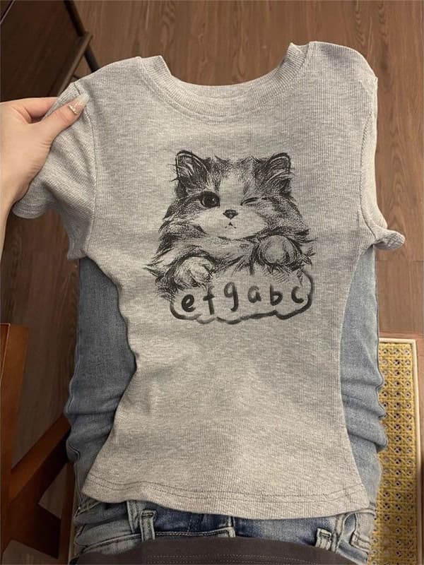 Vintage Gray Slim Fit Round Neck Short Sleeve T-Shirt for Women, Summer Slimming Base Tee, Hot Girl Versatile Crop Top