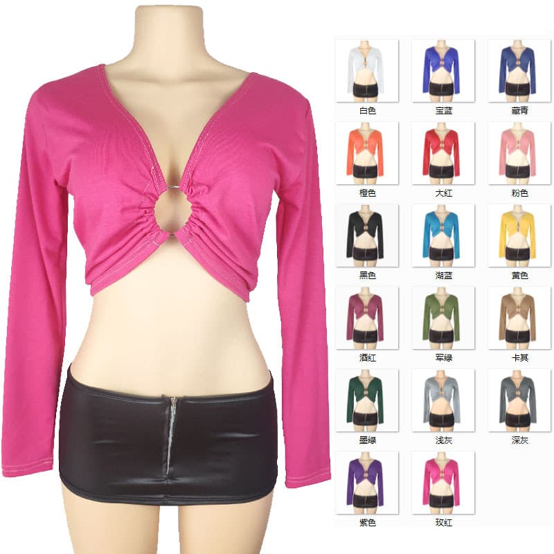 2026 Fall/Winter Crop Top V-Neck Long Sleeve Metal Ring Cutout Base Layer Sexy Slim Fit Trendy