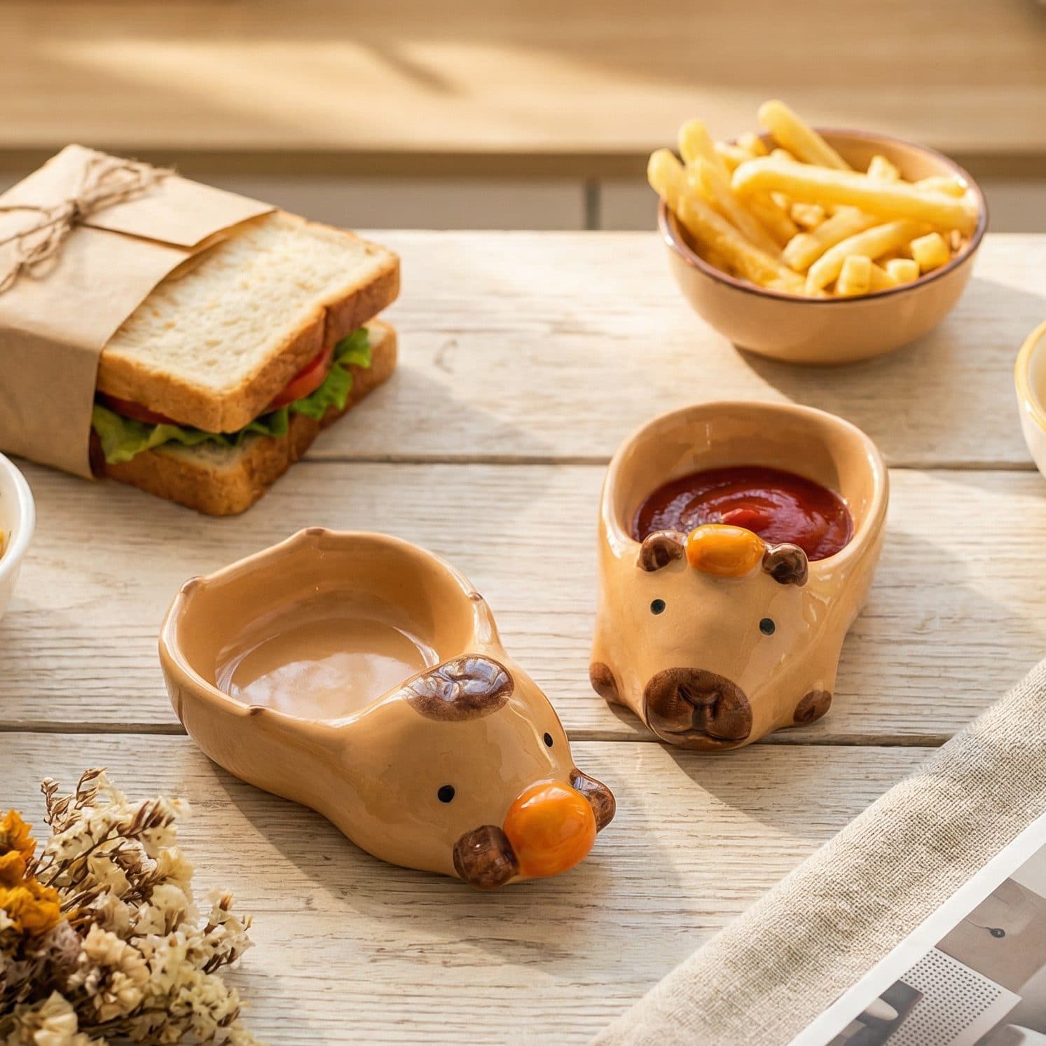 Japanese-style cute Capybara ceramic dipping sauce dish, hand-painted small side dish plate for hot pot, soy sauce, vinegar, and seasoning dishes