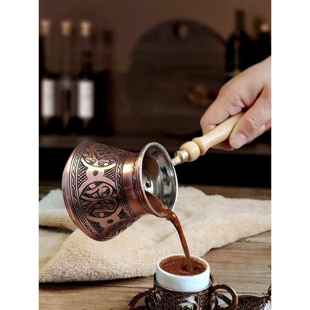 Turkish Import Coffee Pot, European Retro American Style Purple Copper Metal Handcrafted Pattern Element Drip Kettle