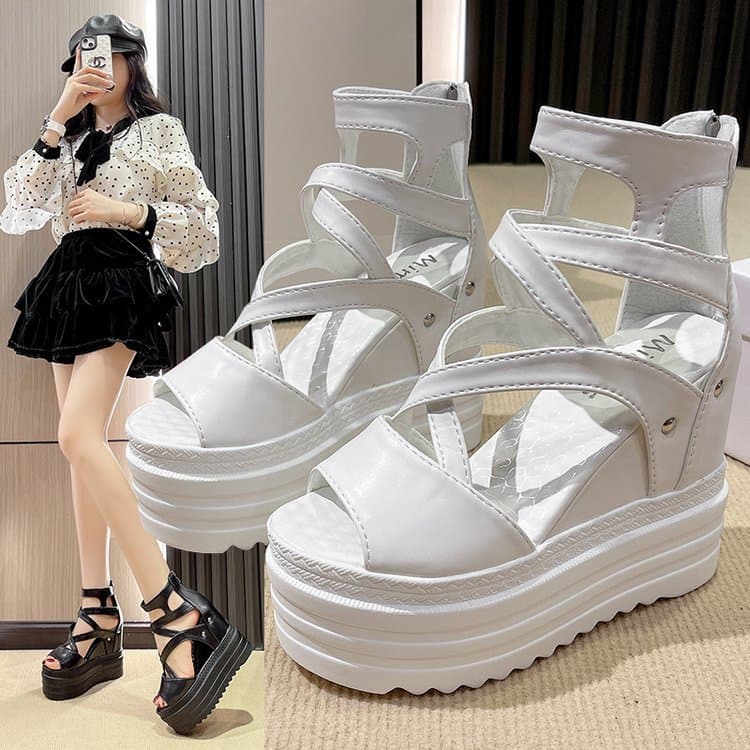 Spring and Summer New Platform Wedge Heel Fashion Height-Increasing Women's Sandals Cross-Strap Chunky Shoes 13cm Extreme High Roman Sandals