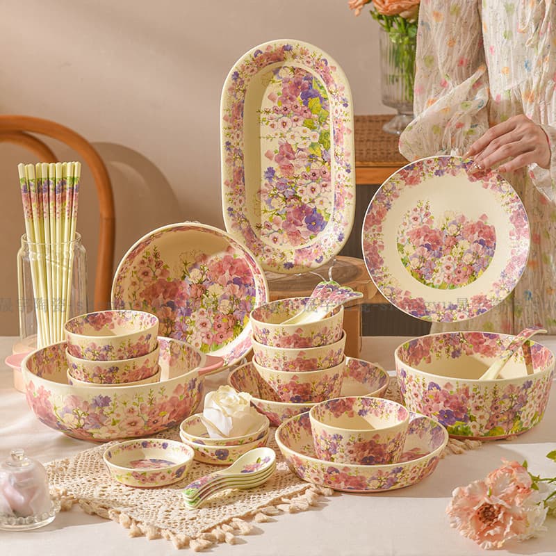 Floral Splendor Ceramic Dinnerware Set - Bowls, Plates, Chopsticks, Spoons, Soup Plates, Glazed Ceramic Tableware