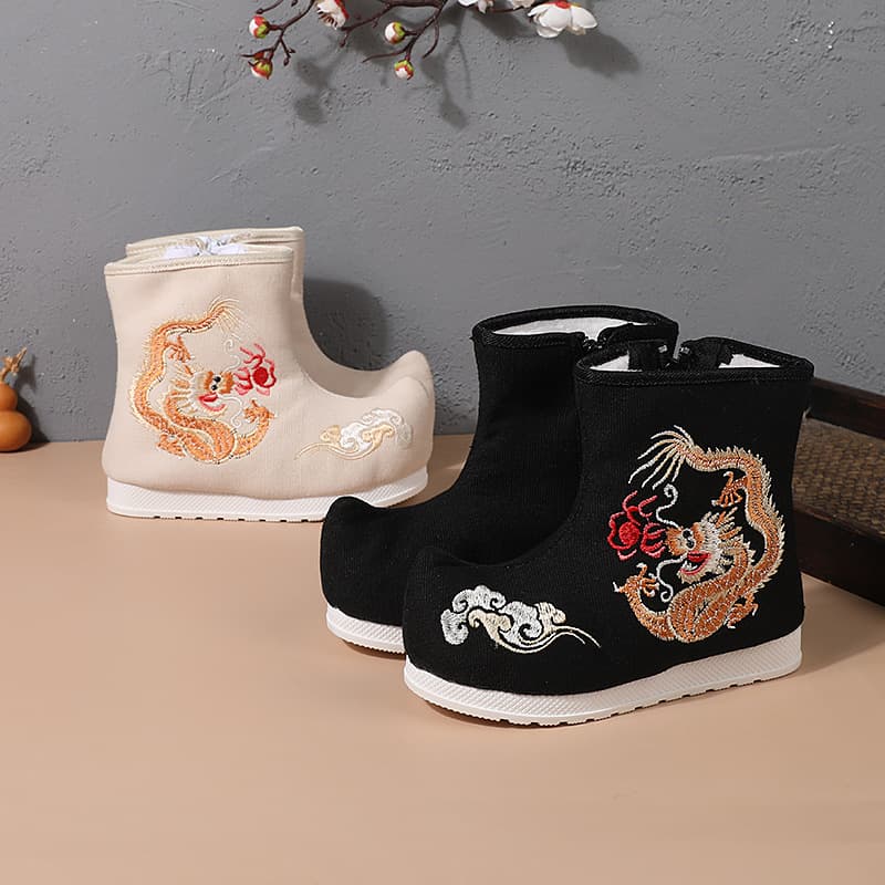 Longjing Hanfu Boots Boys' Cloth Shoes, Ethnic-style Ancient Costume Chinese-style Handmade Children's Embroidered Shoes, Old Beijing Cloth Shoes