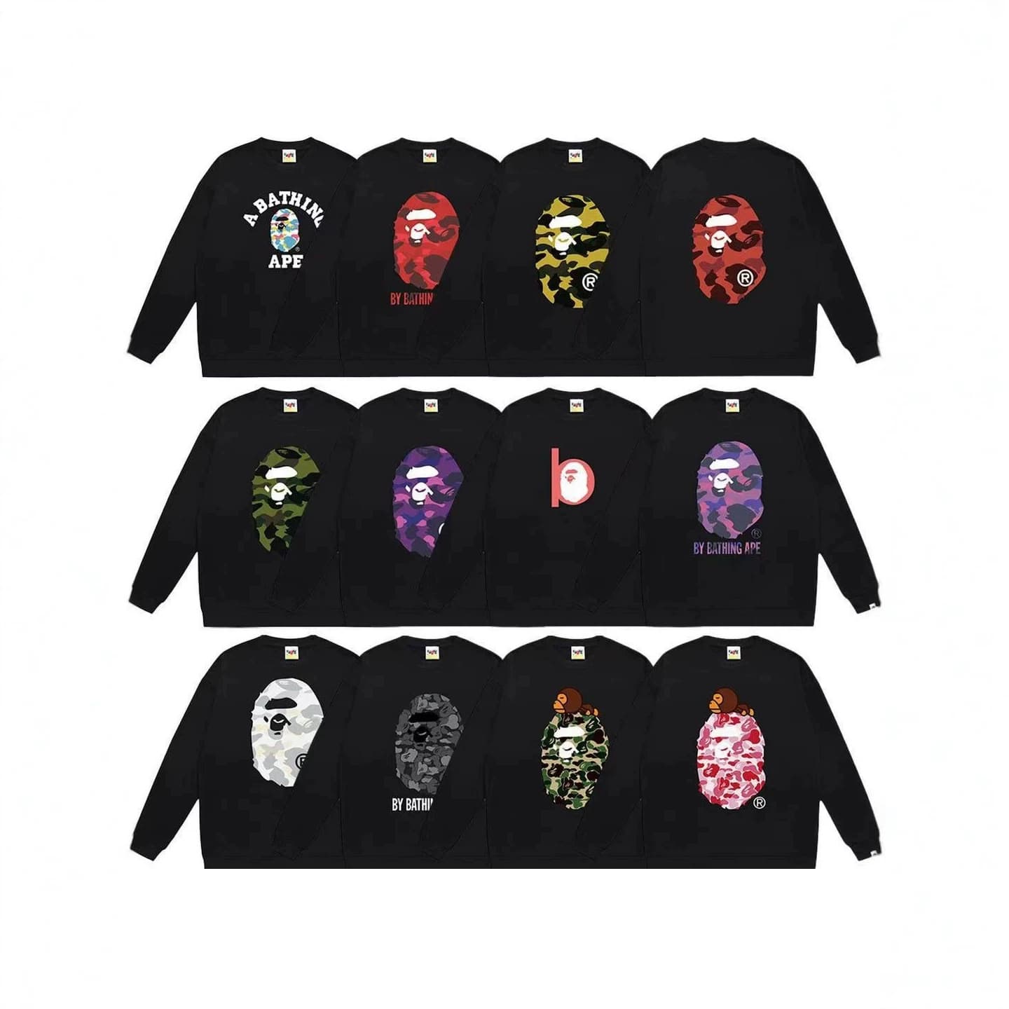 bape ape man head trendy brand men's and women's round neck long-sleeved tops printed pure cotton loose autumn and winter coats and sweatshirts for men