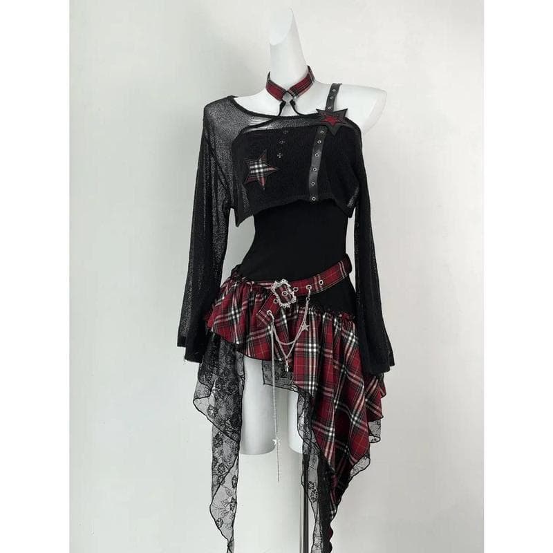 Punk Dress Set Women's Dark Academia Plaid Crop Top 2000s